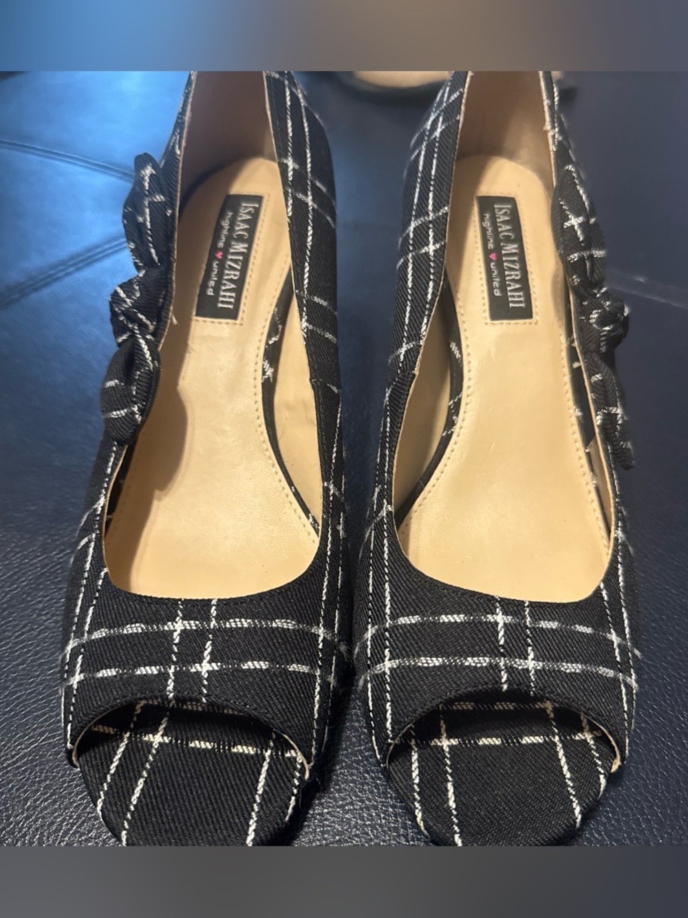 Isaac Mizrahi Black & White Plaid Peep-Toe Heels with Side Bow